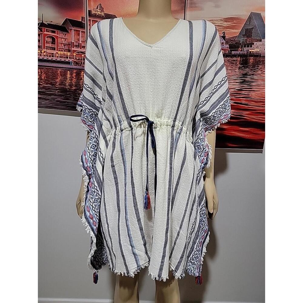 Velvet by Graham & Spencer Ivory Blue striped tassel M/L Caftan Cover Up #C